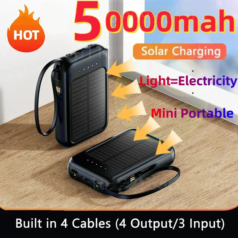 Usb Charger Dynamo - モバイルバッテリー 50000mAh ソーラーパワーバンク 内蔵ケーブル ソーラー充電器 2USBポート